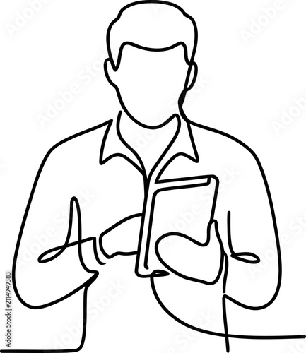 Man Holding Tablet, Continuous Line Drawing, Minimalist Business Concept