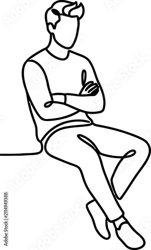 Continuous line drawing of a man sitting with crossed arms, minimalist, elegant, isolated on white background.