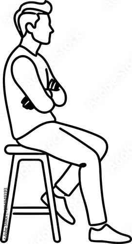 Man Sitting On Stool Arms Crossed Profile View Black and White Line Art