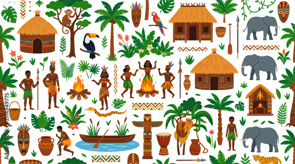 Obraz premium African Tribal Village Pattern with Elephants, Tribal Dancers, and Hut Houses