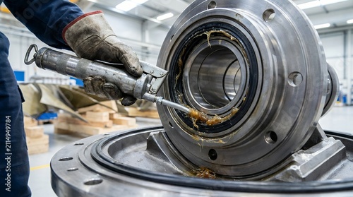 Mechanic applying marine grease to industrial rotor seal. Heavy-duty technician lubricating large turbine bearing with professional grease gun for...