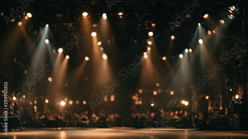A dimly lit stage with multiple spotlights shining down, creating a dramatic atmosphere and illuminating the empty wooden floor.