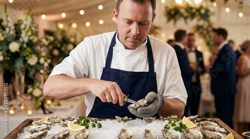 Chef shucking fresh oysters at wedding. Professional caterer preparing seafood appetizer.
