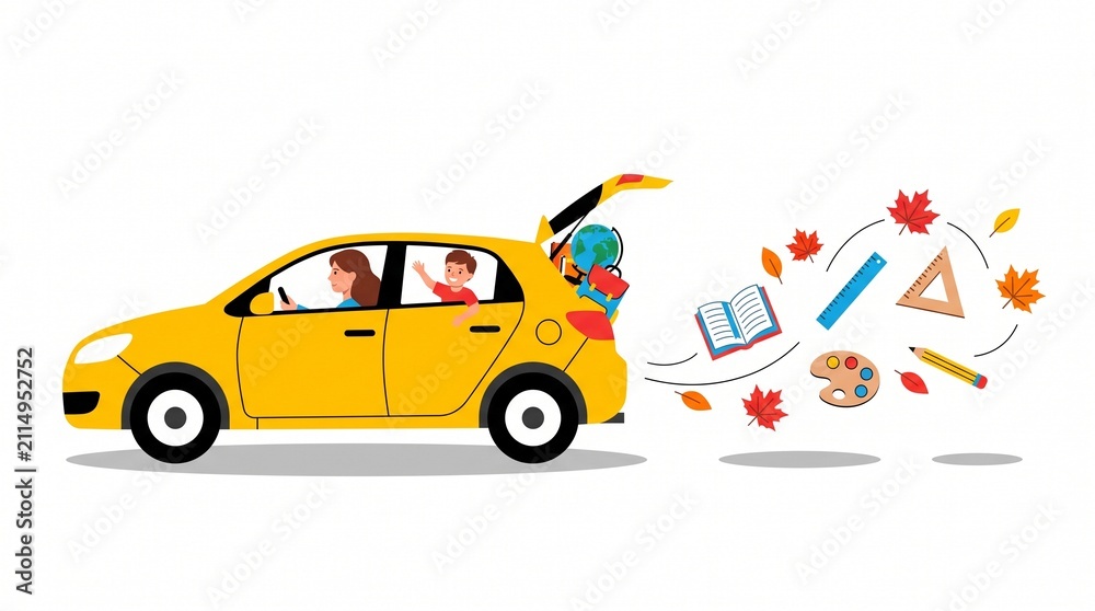 Fototapeta premium Mother driving yellow car with excited child and floating school supplies during autumn season transition