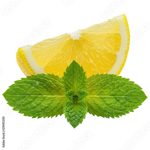 perfectly cut, glistening yellow lemon wedge and dew-covered green mint leaves captured in macro detail on a transparent infinity background, concept for beverage advertising