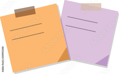 Two colorful sticky notes with lines, attached with tape, isolated on transparent background