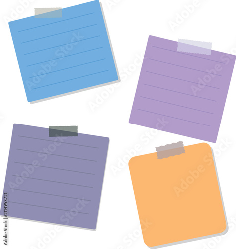 Four colorful sticky notes, blue, purple, and orange, with tape and lines, isolated on white
