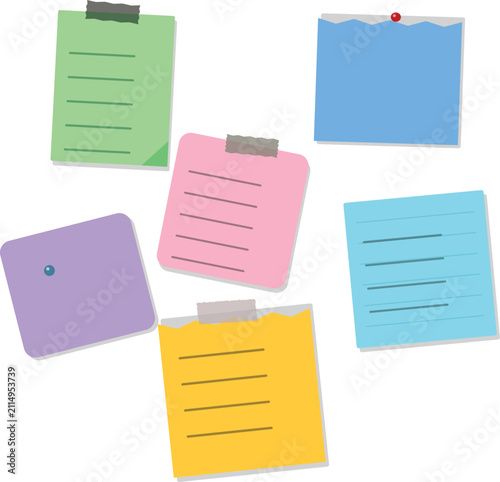 Six scattered sticky notes in various colors with tape and pushpins on white background