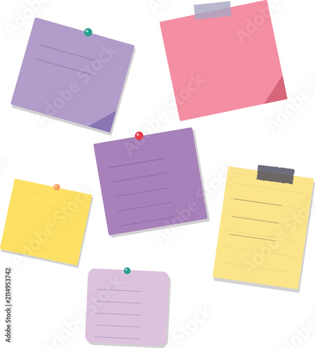Group of six assorted colored sticky notes with tape and pushpins on white background