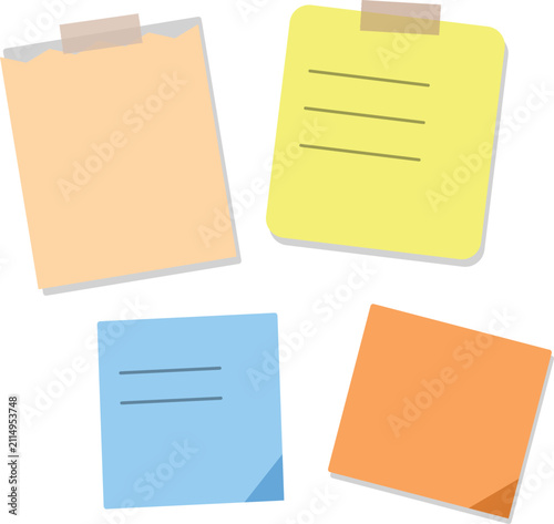Four assorted color sticky notes with tape, isolated on white background