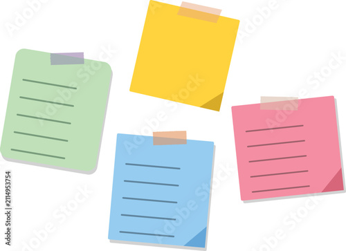 Four colorful sticky notes in yellow, green, blue, and pink, taped, isolated on transparent