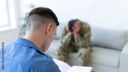 Counselor with Client in Camouflage Uniform, Focus on Psychiatrist's Back, Blurred Distressed Person in Foreground or Background