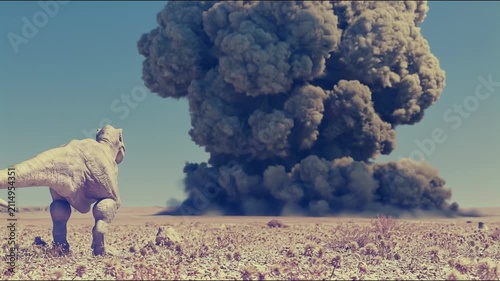 A large dinosaur stands in a barren landscape watching a massive explosion erupt in the distance.