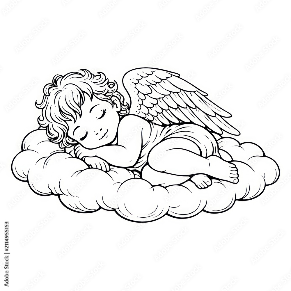 Obraz premium Sleeping cherub on fluffy cloud.
