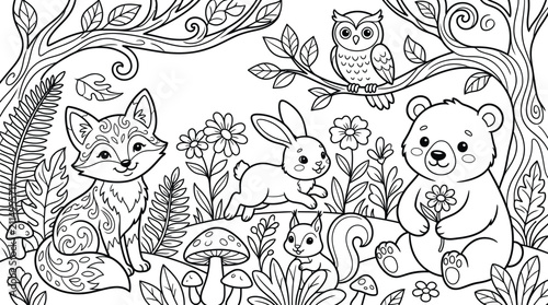 Cute Woodland Creatures in a Forest Scene with Flowers and Trees Coloring Outline
