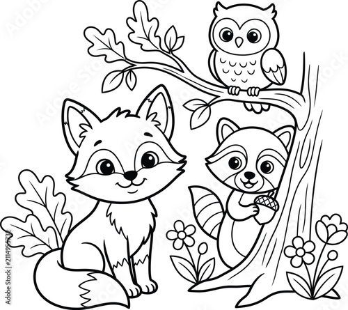 Cute cartoon fox raccoon and owl in forest during daytime with leaves and flowers