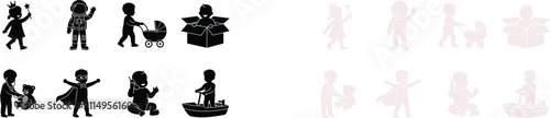 Fotografie Cute Kids Playing and Imaginary Roleplay Silhouettes Set Featuring Child Fantasy