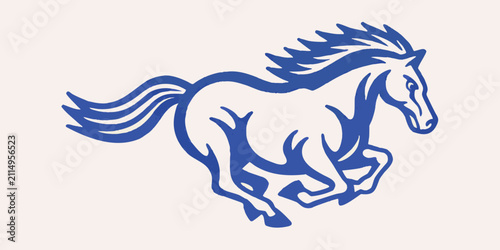 Bild auf Leinwand Galloping Horse Illustration Bold Blue Line Art On Light Background