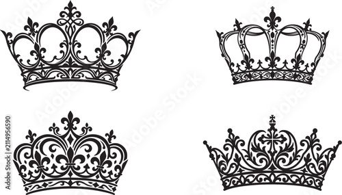 Obraz na plátne Set of four detailed black royal crowns on white background