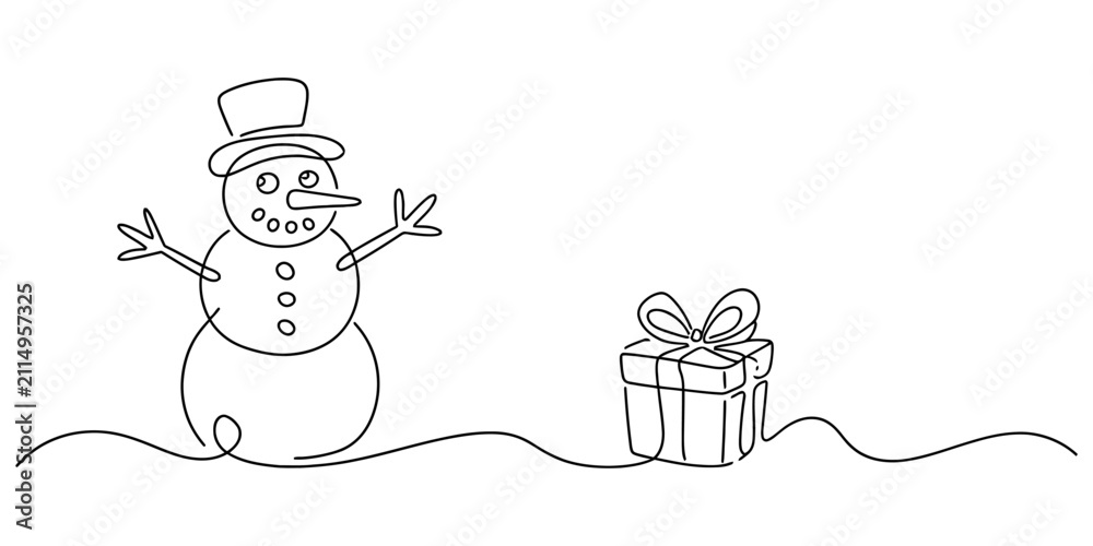 Obraz premium Continuous single line drawing of a happy snowman with a gift box for christmas holiday season celebration isolated on a plain white background Vector, illustration