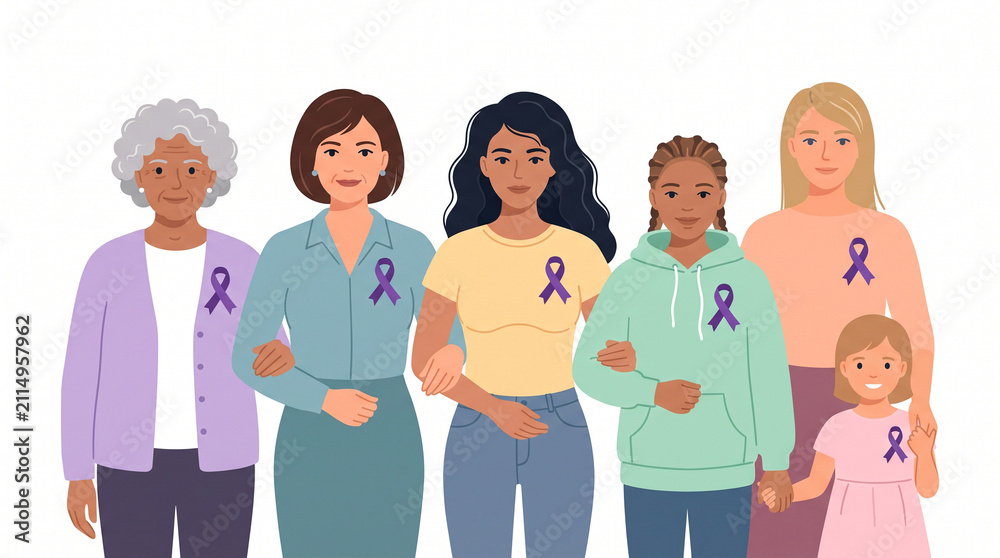 Fototapeta premium Diverse group of women and girls of different ages and ethnicities standing together arm in arm wearing purple awareness ribbons