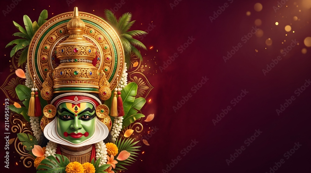 Obraz premium Onam festival celebration background with traditional kathakali dancer illustration