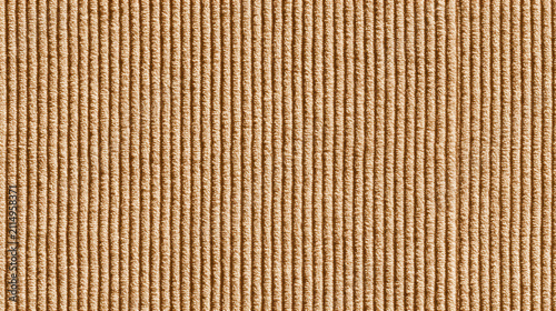 Macro texture of light brown corduroy fabric with vertical ridges forming a soft textile background