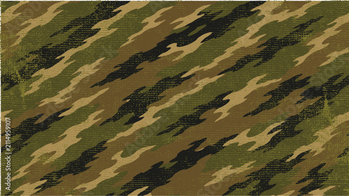 Seamless tiger stripe camouflage pattern with distressed military fabric texture vector background