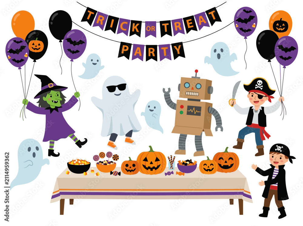 Fototapeta premium Happy Halloween Party Kids Costumes Trick or Treat Celebration