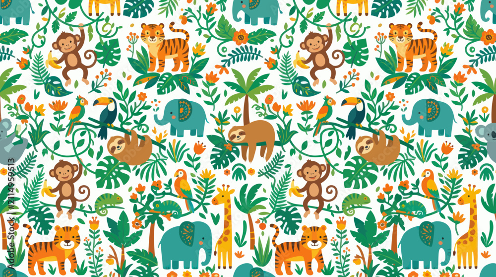Fototapeta premium Cute Jungle Animals Seamless Pattern, Flat Vector Illustration