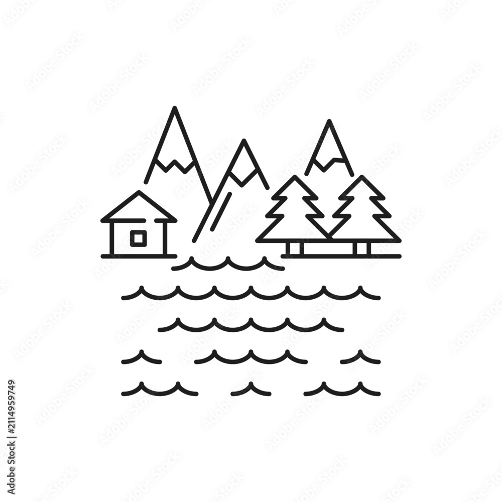 Fototapeta premium Mountain landscape linear icon isolated. Vector thin line sign of nature, high mount ice peak, rural country house and river. Fir-trees, Swiss Switzerland Alps scenery. Snow mountains of Austria