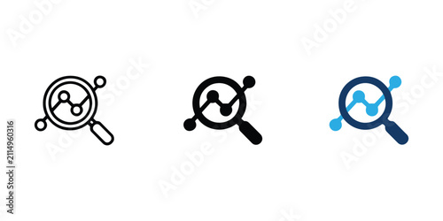 Magnifying glass over graph with connected nodes and data points in blue and black outline and solid styles goal vector on white background.