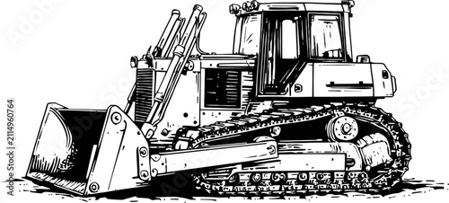 Bulldozer heavy construction machine with tracked wheels and front large blade for earthmoving and excavation work