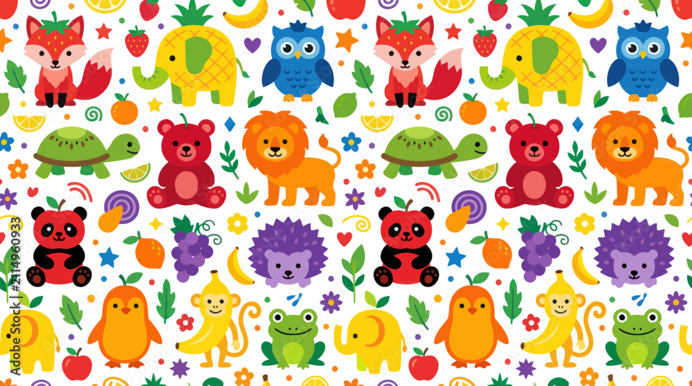 Fototapeta premium Cute Kids Animals and Fruits Flat Cartoon Seamless Pattern Vector Illustration
