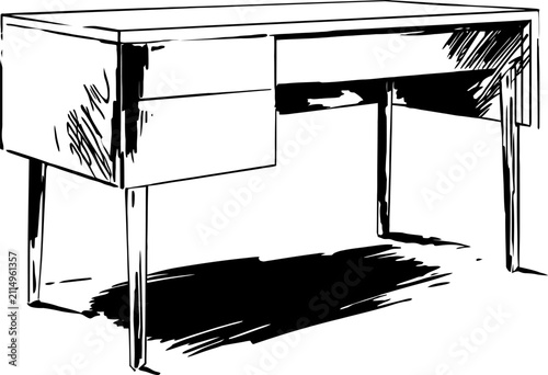 wooden desk with drawers in sketch minimalist furniture design, tabletop workspace with shadow, simple office or home study desk