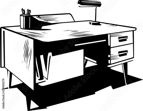 Vintage wooden office desk with drawers, lamp, and stationery holder, classic workspace furniture illustration