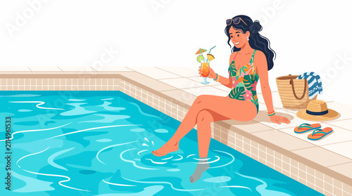 Woman enjoying a tropical cocktail by the pool during a Southern Hemisphere summer heatwave summer vibes