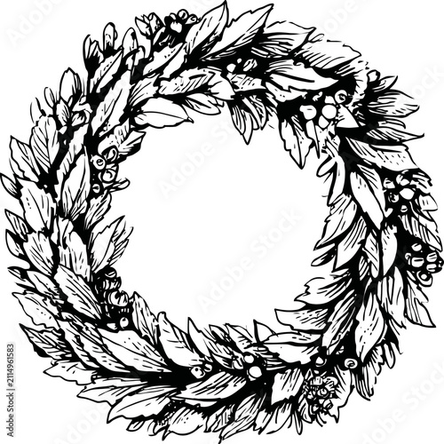 Intricate botanical wreath with leaves and berries circular floral frame for decoration and design projects
