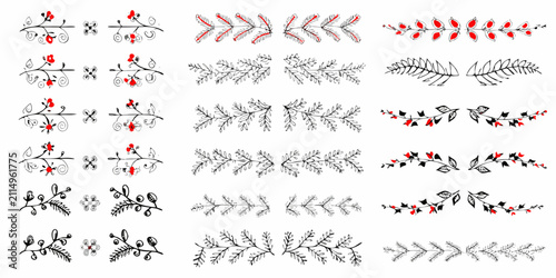 Bild auf Leinwand Floral ornament collection with leaves and red berries vector illustration