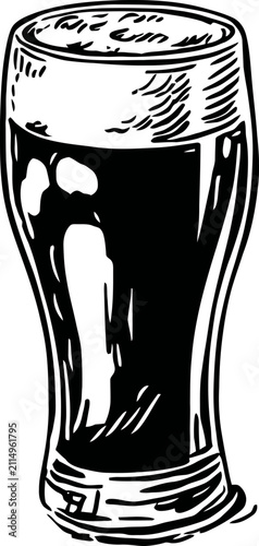Tall glass filled with dark beer and foam head, classic pint illustration in black and white