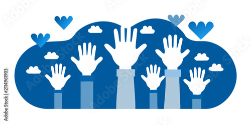 Fotografía Raised hands illustration with hearts and clouds blue and white