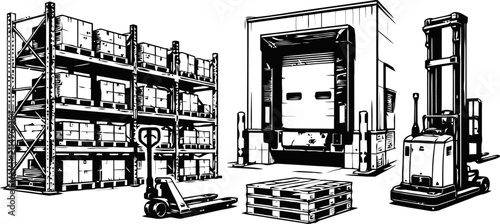 Warehouse interior with shelving full of boxes, pallet jack, wooden pallets, loading dock, and forklift for logistics and storage