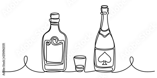 Foto Continuous single line drawing of two glass bottles and a small shot glass for a