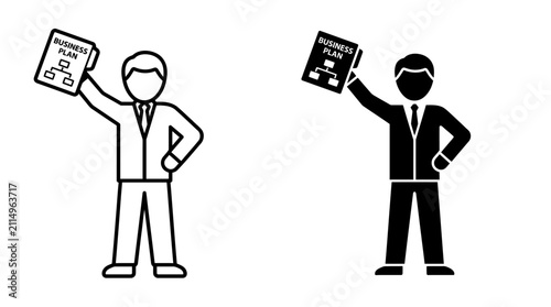 Set of business icons featuring a businessman holding a business plan document.