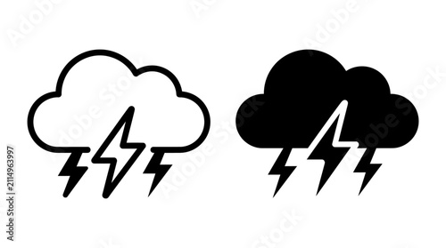 Set of simple outline and solid black thunderstorm cloud icons for weather forecast.