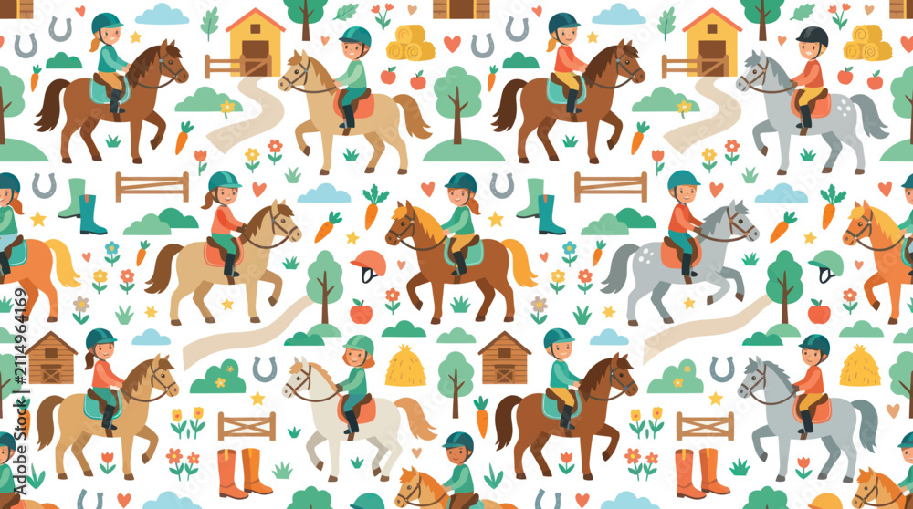 Fototapeta premium Equestrian Horse Riding Children Seamless Pattern. Flat Cartoon Illustration of Kids on Ponies and Farm Elements