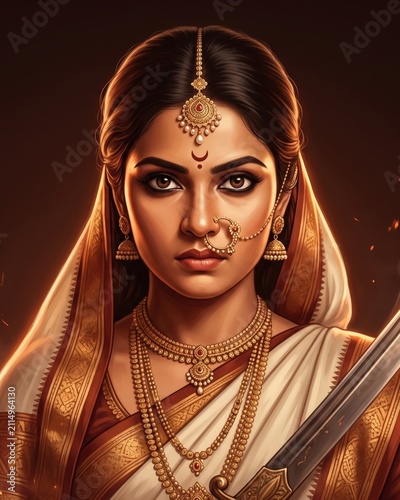 Rani Lakshmibai Close Portrait – Historic Indian Warrior Queen Illustration