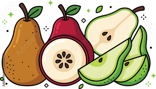 Картината върху платно Fresh Organic Pears Vector Set with Whole Bosc Pear, Red Anjou Half, and Green S