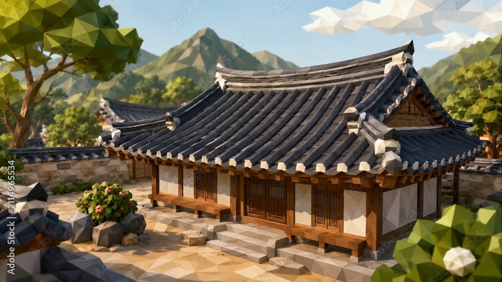 Naklejka premium hanok wooden gate scene in Low Poly style