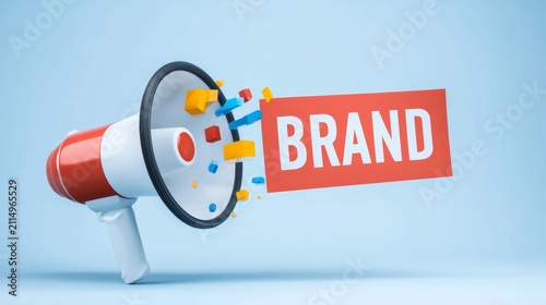 Loudspeaker broadcasting brand message, projecting colorful shapes, attention grabbing marketing communication concept
